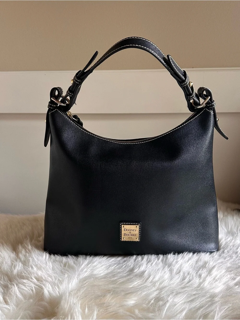 Dooney & Bourke Black Saffiano Leather Shoulder Hobo with Gold Accent - Picture 13 of 13